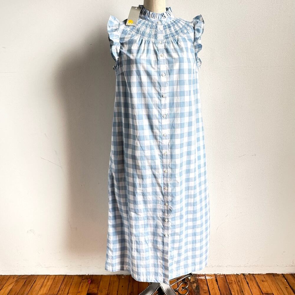 NWT BODEN Jane Gingham Blue and White Smocked Shirt Dress